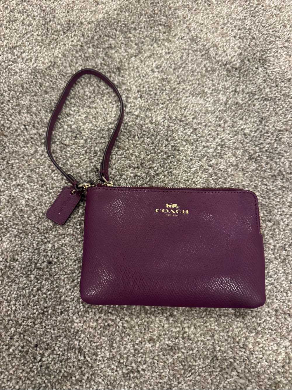 COACH Pebbled Leather Wristlet in Deep Plum with Gold Logo